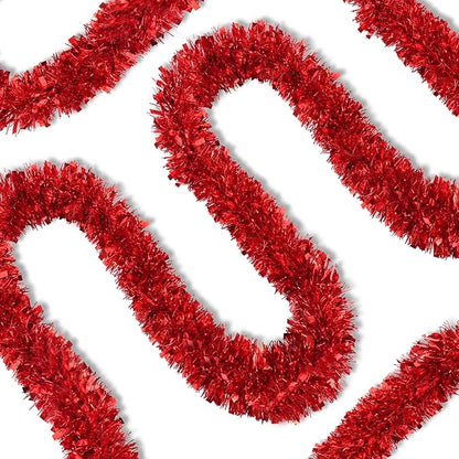 50 FT Red Christmas Tinsel Garland Christmas Decorations for Xmas Tree Decor, Shiny Metallic Twist Hanging Tinsel Garlands for Stairs Mantle Fireplace Home Indoor Outdoor Holiday Party Supplies