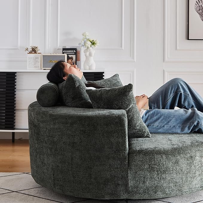 KEIKI 55" Oversized Swivel Accent Chair, Large Barrel Chairs Upholstered Round Swivel Chair, Chenille Single Sofa Armchair, Sleeper Chair for Living Room, Lounge, Green