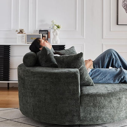 KEIKI 55" Oversized Swivel Accent Chair, Large Barrel Chairs Upholstered Round Swivel Chair, Chenille Single Sofa Armchair, Sleeper Chair for Living Room, Lounge, Green