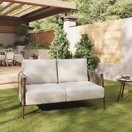 EAST OAK Life Chatter Loveseat, Outdoor Seating for Garden, Balcony, Backyard, Chestnut Brown & Creamy Apricot