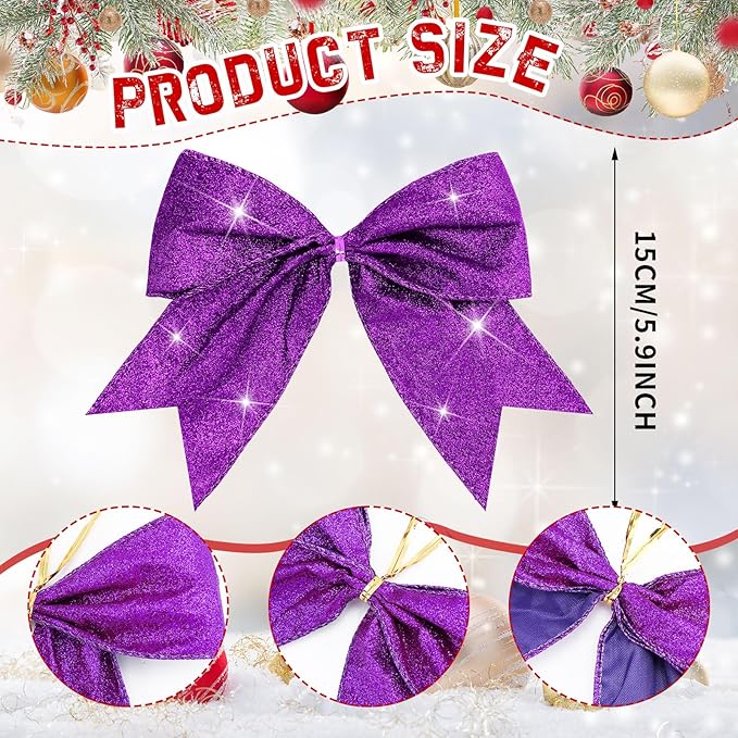 Cindeer 24 Pcs Purple Christmas Bow Decorations 6 x 6 Inches, Glitter Holiday Ornaments Sequin Ties Bows for Xmas Tree, Wreath, DIY Crafts, Gift Wrapping, Party Decor