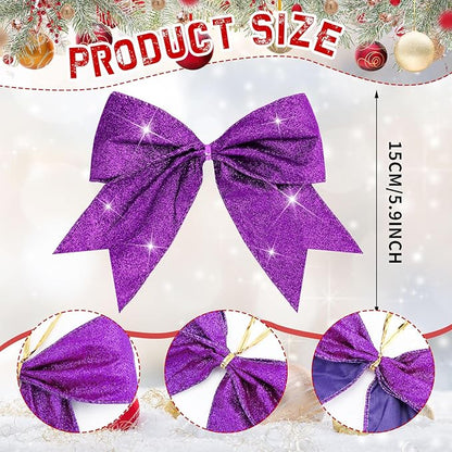 Cindeer 24 Pcs Purple Christmas Bow Decorations 6 x 6 Inches, Glitter Holiday Ornaments Sequin Ties Bows for Xmas Tree, Wreath, DIY Crafts, Gift Wrapping, Party Decor