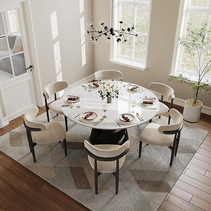 POVISON 59" Round Dining Table for 6, Glossy White Sintered Stone Dining Tabletop with Black Carbon Steel Base, Circle Kitchen Table for Dining Room (Table Only)