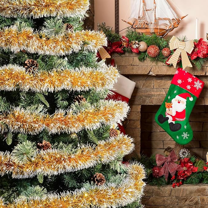 33FT Gold Tinsel Christmas Garland Metallic Twist Shiny Garland for Christmas Tree Decorations, Xmas Holiday Hanging Garland for Home Indoor Outdoor Party Supplies Decor (Gold)