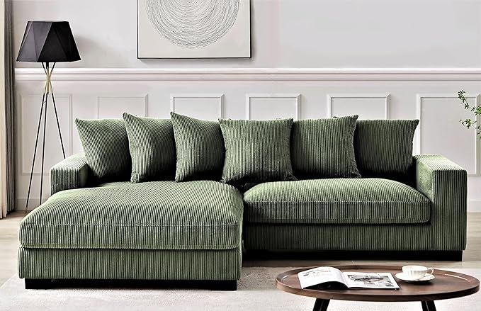 Container Furniture Direct Luxe 2 Piece Sectional Sofa with Chaise Corduroy Upholstery Left Facing, Dark Green