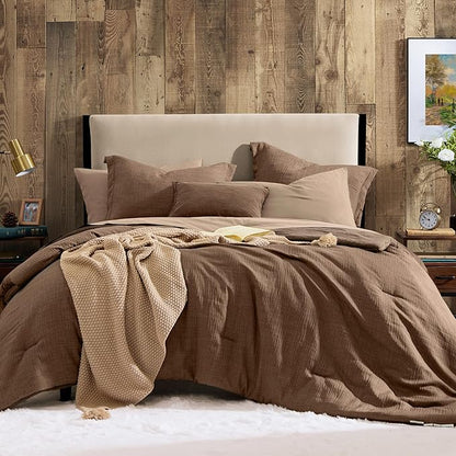 Geniospin Brown Full Comforter Set - 7 Pieces Comforter Full Size, Solid Bedding Set for All Season, Textured Bed in a Bag with Sheets