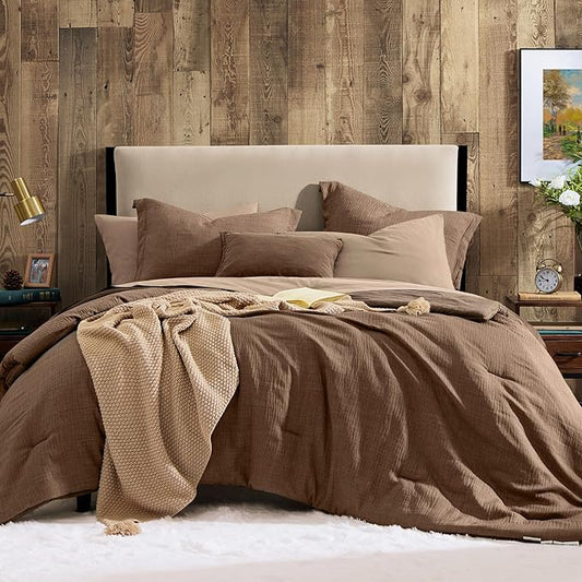 Geniospin Brown Full Comforter Set - 7 Pieces Comforter Full Size, Solid Bedding Set for All Season, Textured Bed in a Bag with Sheets