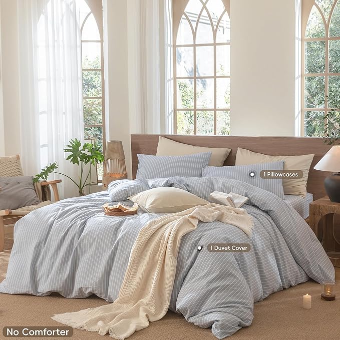 MooMee Striped Duvet Cover Set 100% Washed Cotton Linen Like Textured Breathable Durable Soft Comfy (Cornflower Blue White Wide Stripes, Twin 68"x90")