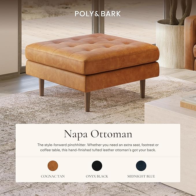 POLY & BARK Napa Ottoman - Full-Grain Leather Upholstered Ottoman with Feather-Down Topper - Accent Chairs for Living Room - Vintage Italian Leather in Cognac Tan
