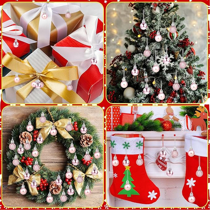 Jansun 60PCS Pink Christmas Mini Balls Ornaments Miniature Xmas Tree Hanging Decorations Small Vintage Glitter Balls for Holiday Party Outdoor Indoor DIY Craft Decor Supplies