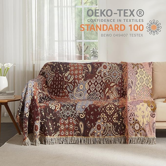 Boho Throw Blanket 100% Cotton Woven Ultra Soft 4-Layer Muslin Quilt Farmhouse Bed Blanket Cover 80"x90", Patchwork Floral