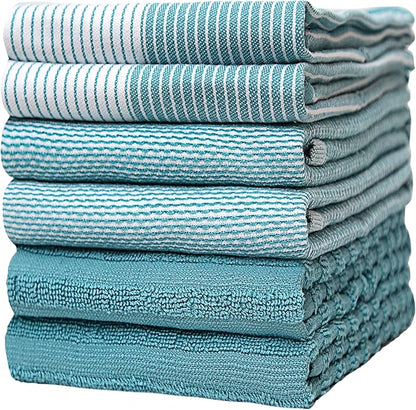 Premium Kitchen Towels 6 Pack Large Cotton Flat Terry Absorbent Tea Towels with Hanging Loop Aqua 20x28