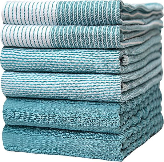 Premium Kitchen Towels 6 Pack Large Cotton Flat Terry Absorbent Tea Towels with Hanging Loop Aqua 20x28