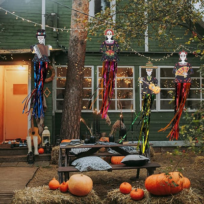 codree 4 PCS Large Day of The Dead Sugar Skull Hanging Decorations-39x8.6 Inch Dia De Los Muertos Hanging Decorations for Day of The Dead Halloween Party Home Outdoor Decor