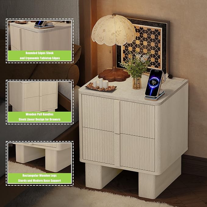 Fluted Night Stand with Charging Station, 22" Tall END Table with 2 Large Storage Drawers and 2 Widened Reinforced Legs, Modern Bedside Table for Bedroom, Living Room, Whitewashed Oak