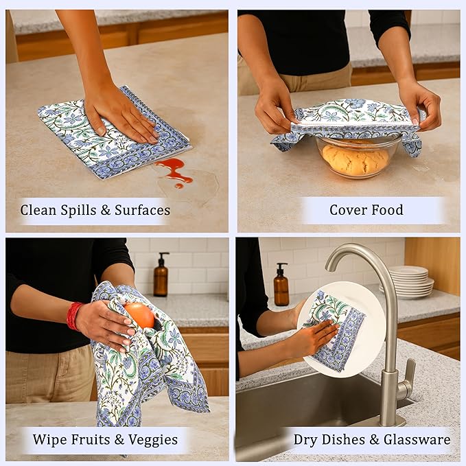 Ridhi Columbia Blue Hand Block Print Waffle Kitchen Towel Set of 3-16 x28 Ultra Absorbent Quick Dry 100% Cotton Dish Towels Lightweight Reusable Sustainable Tea Towels for Cleaning and Drying