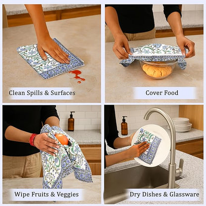 Ridhi Columbia Blue Hand Block Print Waffle Kitchen Towel Set of 3-16 x28 Ultra Absorbent Quick Dry 100% Cotton Dish Towels Lightweight Reusable Sustainable Tea Towels for Cleaning and Drying