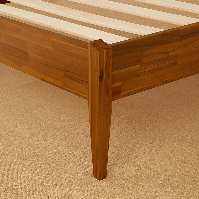 Bme Dinkee Wooden Queen Bed Frame, 15 Inch Height, Elegant Minimalist Modern Design with Japanese Joinery, Durable Wood Slats for Reliable Support, No Box Spring Required, Caramel