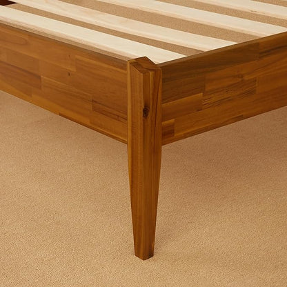 Bme Dinkee Wooden Queen Bed Frame, 15 Inch Height, Elegant Minimalist Modern Design with Japanese Joinery, Durable Wood Slats for Reliable Support, No Box Spring Required, Caramel