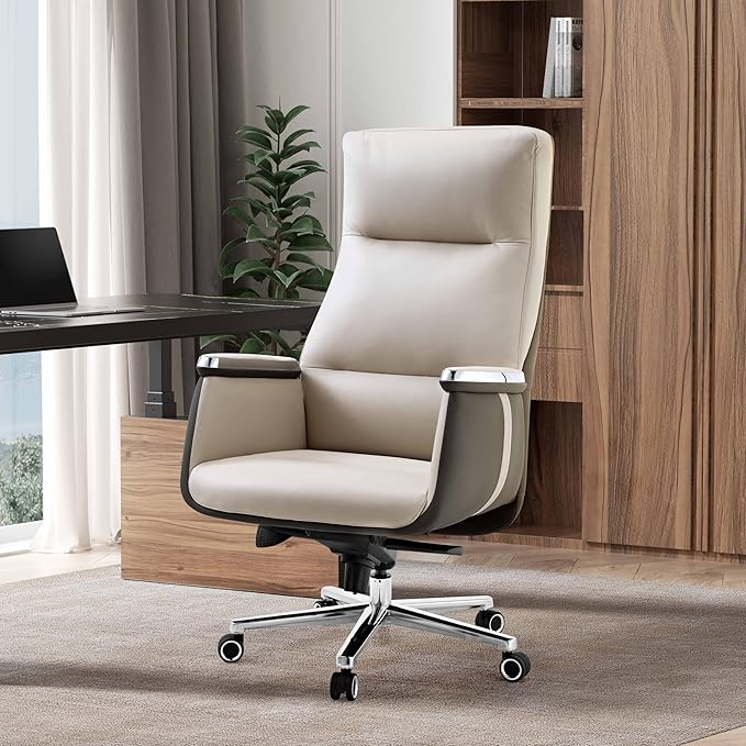 EUREKA ERGONOMIC Royal II Executive Office Chair High Back, Big and Tall with Extra Wide Seat, Silicone Leather Desk Chair Computer Chair, Modern Office Chair Home Desk Chairs - Beige Gray