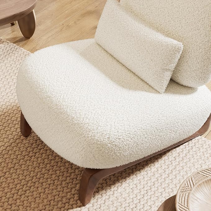 Morden Fort Boucle Chair, Upholstered Accent Chair Tilted Wooden Leg with Durable Comfy Boucle Pet-Friendly Thick Cushion & Pillow Armless Modern Chairs for Living Room Bedroom Reading, Beige