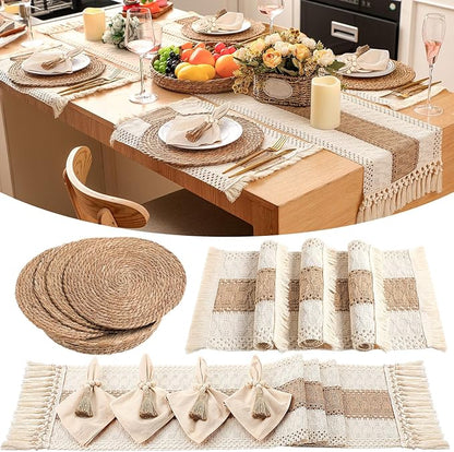 4 Sets Boho Placemats Round Woven Placemats, Cloth Napkins, Wood Bead Napkin Rings, Long Table Runner and Farmhouse Rustic Placemats Natural Burlap Cotton for Kitchen Table Home