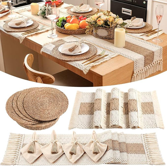 4 Sets Boho Placemats Round Woven Placemats, Cloth Napkins, Wood Bead Napkin Rings, Long Table Runner and Farmhouse Rustic Placemats Natural Burlap Cotton for Kitchen Table Home