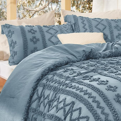 Bedsure Tufted Boho Comforter Set Queen Size - Grayish Blue Boho Bed Set, GentleSoft™ 3 Pieces Farmhouse Shabby Chic Embroidery Bedding, Gifts for Woman, Soft Jacquard Queen Comforter for All Seasons