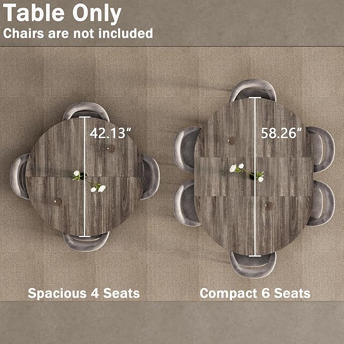 42"-58" Extendable Round Dining Table for 4-6, Kitchen Oval Table with Hidden Leaves & Storage Shelf, Space Saving Modern Design with Sturdy Metal Legs for Kitchen, Dining Room