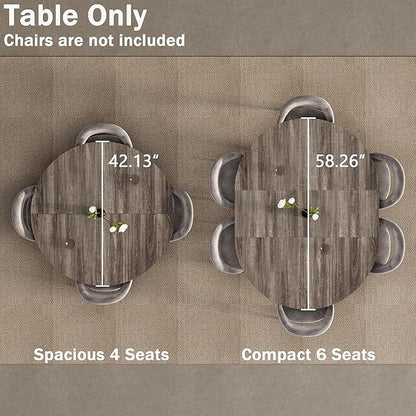 42"-58" Extendable Round Dining Table for 4-6, Kitchen Oval Table with Hidden Leaves & Storage Shelf, Space Saving Modern Design with Sturdy Metal Legs for Kitchen, Dining Room