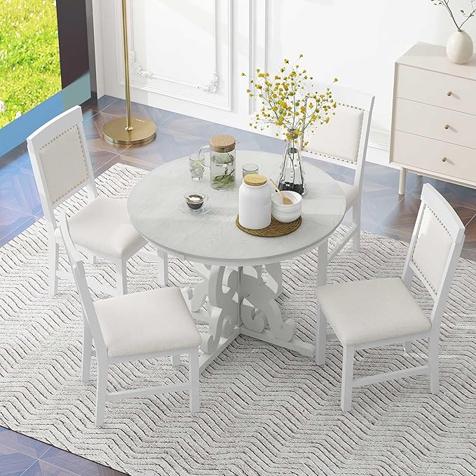 Merax Round Solid Wood Dining Table Set for 4, Farmhouse Kitchen Table Set with 4 Upholstered Chairs, 5-Piece Table and Chairs Set for Kitchen, Dining Room, Living Room, Antique White
