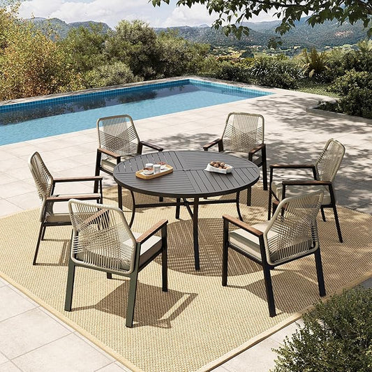 HERA'S HOUSE 7 Pieces Patio Table and Chairs Set, Outdoor Dining Set for 7, 6 x Cushioned Woven Rattan Patio Chairs and 1 x 54” Round Table with Umbrella Hole, Outdoor Rattan Dining Set for Lawn