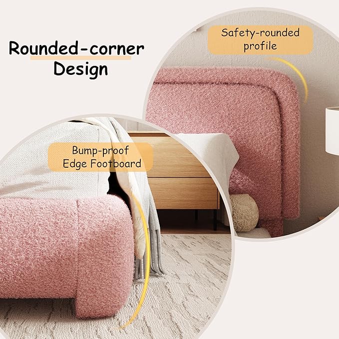 Queen Size Boucle Bed Frame, Cloud Upholstered Platform Bed with Height Adjustable Headboard & Soft Rounded Corners, No Box Spring Needed, Noise Free, Easy Assembly, Pink