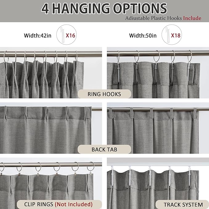 RAIN CITY Grey Linen Pinch Pleated Semi Sheer Curtains 100 Inches Long, Textured Back Tab Drapes with Hooks for Bedroom Living Room 50 Each Wide 2 Panels Set