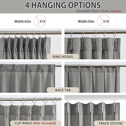 RAIN CITY Grey Linen Pinch Pleated Semi Sheer Curtains 100 Inches Long, Textured Back Tab Drapes with Hooks for Bedroom Living Room 50 Each Wide 2 Panels Set