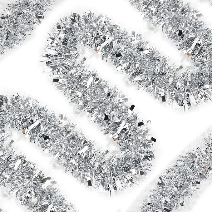 50 Feet Silver Christmas Tinsel Garland for Christmas Tree Decorations, Metallic Twist Shiny Tinsel Hanging Xmas Garlands for Stairs Mantle Fireplace Home Indoor Outdoor Holiday Party Suppliers Decor