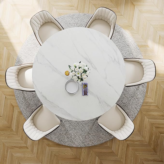 POVISON Round Dining Table for 4, 51“ Matte Sintered Stone Table Top with Solid Black Carbon Steel Pedestal, Circle Dining Room Table for Living Room (Dining Table Only)