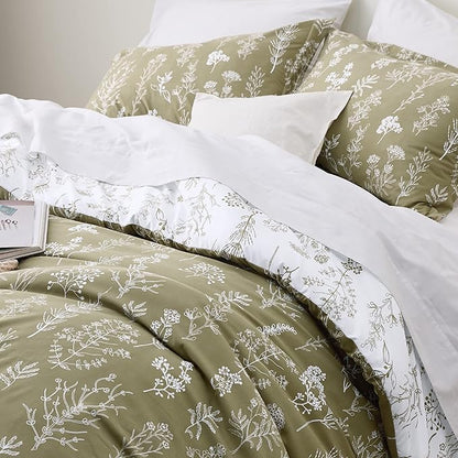 Bedsure Queen Comforter Set - Olive Green Bed Set, 3 Pieces Cute Floral Bedding, 1 Soft Reversible Botanical Flowers Comforter and 2 Pillow Shams