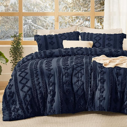 Bedsure Tufted Boho Comforter Set Queen Size - Navy Boho Bed Set, GentleSoft™ 3 Pieces Farmhouse Shabby Chic Embroidery Bedding, Gifts for Woman, Soft Jacquard Queen Comforter for All Seasons