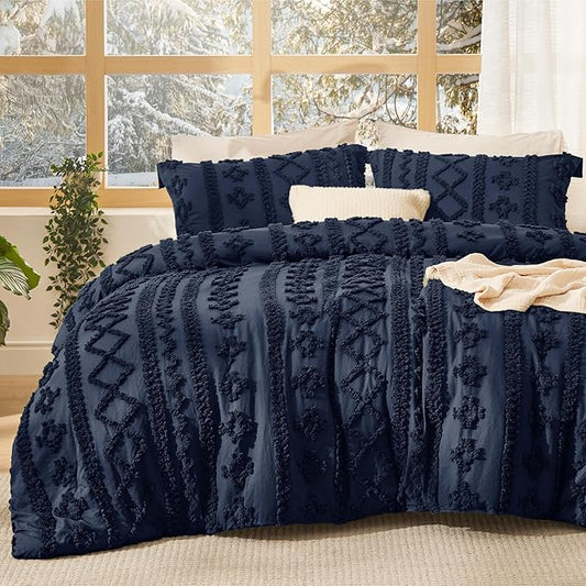 Bedsure Tufted Boho Comforter Set King Size - Navy Boho Bed Set, GentleSoft™ 3 Pieces Farmhouse Shabby Chic Embroidery Bedding, Gifts for Woman, Soft Jacquard King Comforter for All Seasons