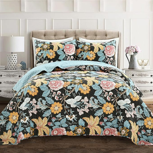Lush Decor Sydney Reversible Cotton Quilt Set King 3 Piece Bedding, Black Blue