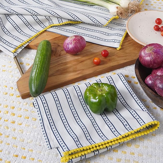 TARAN LIVING Printed Kitchen Dish Bar and Tea Towels Cotton, 18x28 inch with Trims, Cotton Dish Towel Sets (Blue Stripes, Set of 6)