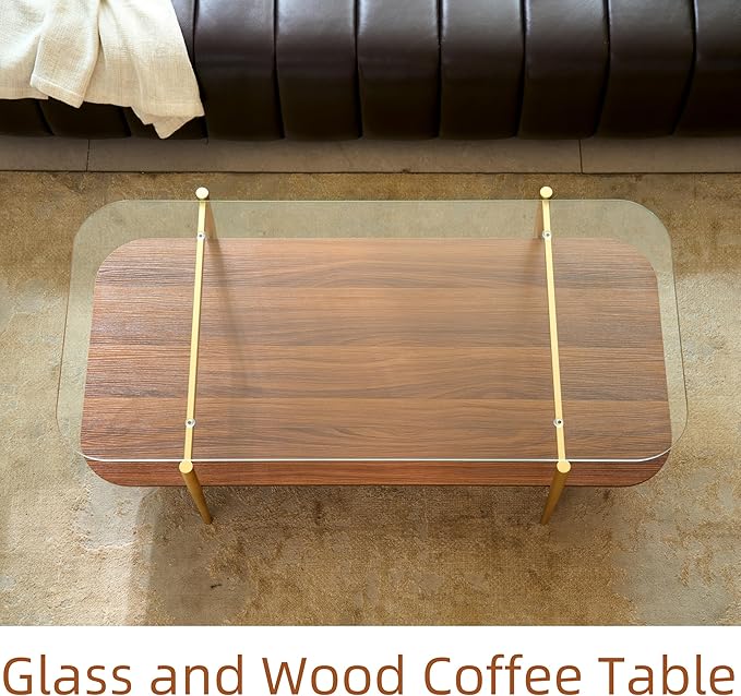 Saint Mossi Tadio Oval Glass Coffee Table, Double Layer Coffee Table for Living Room, Clear Glass & Coffee Brown MDF Bottom Shelf, H17xL47xW21