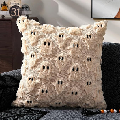 DFXSZ Halloween Pillow Covers 16x16 inch Set of 2 Beige Ghost Throw Pillow Cases Soft Plush Faux Fur Wool Cushion Case for Chair Bedroom Living Room Home Decor PTK03D16