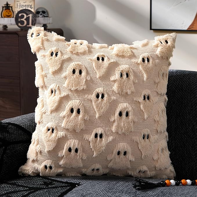 DFXSZ Halloween Pillow Covers 18x18 inch Set of 2 Beige Ghost Throw Pillow Cases Soft Plush Faux Fur Wool Cushion Case for Chair Bedroom Living Room Home Decor PTK03D18