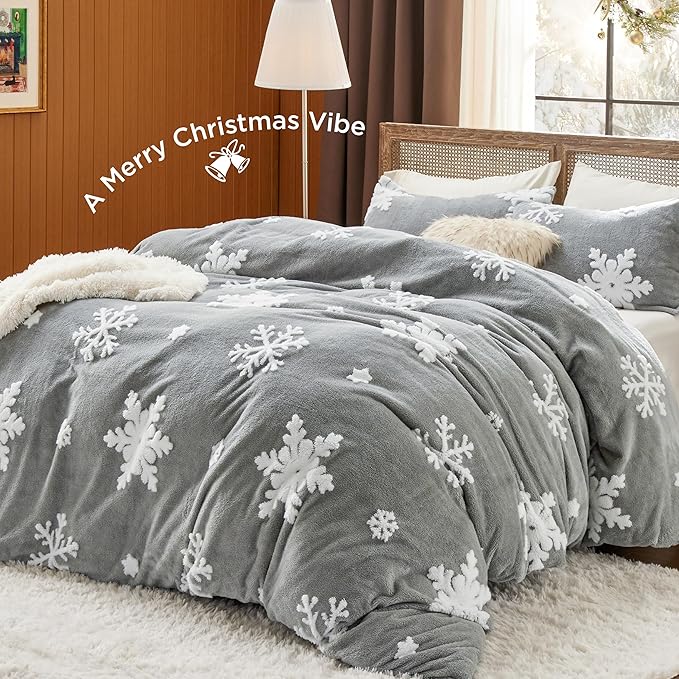Bedsure Fluffy Duvet Cover Set - Ultra Soft Plush Shaggy Comforter Cover King Size, Warm Flannel Fleece Bed Sets for Winter, 3 Pieces, Snowflake Pattern, Grey