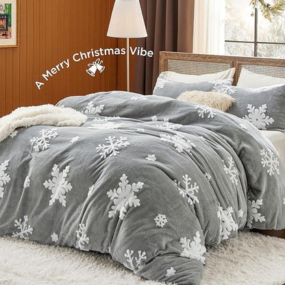 Bedsure Fluffy Duvet Cover Set - Ultra Soft Plush Shaggy Comforter Cover King Size, Warm Flannel Fleece Bed Sets for Winter, 3 Pieces, Snowflake Pattern, Grey