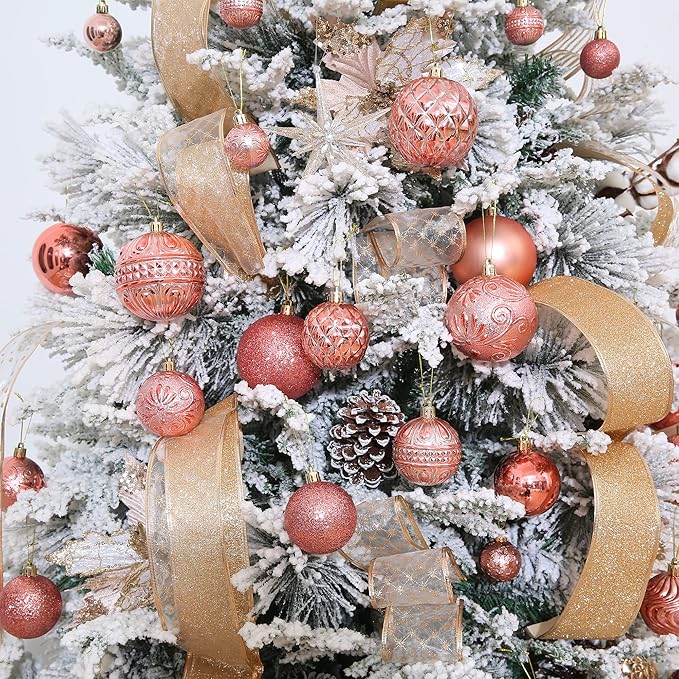 Christmas Ball Ornaments Rose Gold Christmas Tree Decorations with Hang Rope-36pcs Shatterproof Christmas Ornaments Set with 6 Styles in 3 Sizes(Small Medium Large)