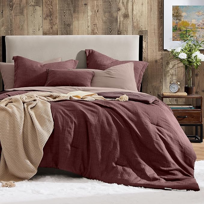 Geniospin Queen Comforter Set - 7 Pieces Comforter Queen Size, Soft Solid Bedding Set for All Season, Textured Bed in a Bag with Sheets, Pillowcases & Shams (Burgundy, 90''x90'')