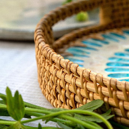 JUNGLE CULTURE Rattan Serving Tray 12" with Mother of Pearl Inlay • Coastal Boho Collection • Handcrafted Woven with Handles for Home • Round Dining Tray • Wicker Serving Basket – Ripple